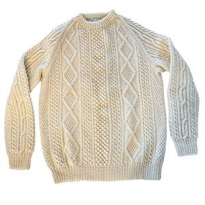 Shab Hag Vintage Irish Hand Knit Wool Sweater Men’s L Cream Fisherman Cable